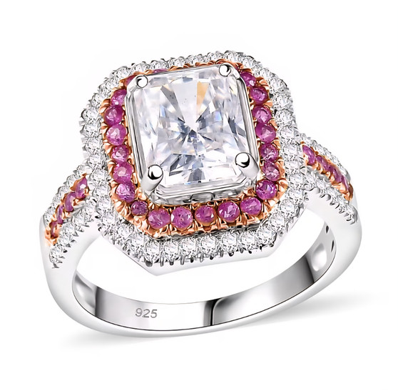 front view of moissanite and pink sapphire double halo ring in two-tone rhodium and 18k rose gold over sterling silver