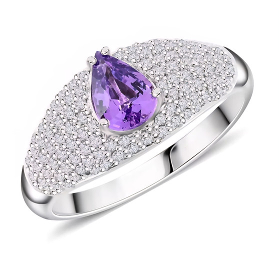 front view of purple sapphire pear ring with diamond pave in solid 950 platinum front view of purple sapphire pear ring with diamond pave in solid 950 platinum