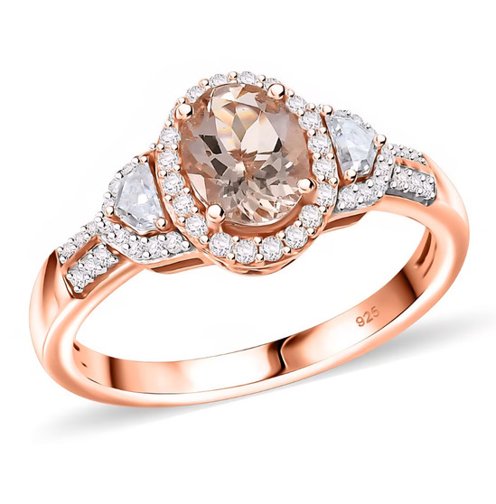 front view of morganite oval ring with moissanite halo and trapezoid side stones in 18k rose gold plated sterling silver front view of morganite oval ring with moissanite halo and trapezoid side stones in 18k rose gold plated sterling silver