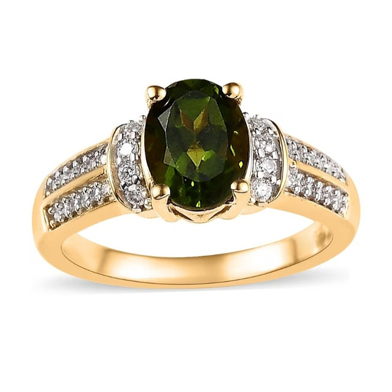 front view of vesuvianite and moissanite ring featuring deep olive-green oval vesuvianite center stone flanked by sparkling moissanite accents in yellow gold setting front view of vesuvianite and moissanite ring featuring deep olive-green oval vesuvianite center stone flanked by sparkling moissanite accents in yellow gold setting