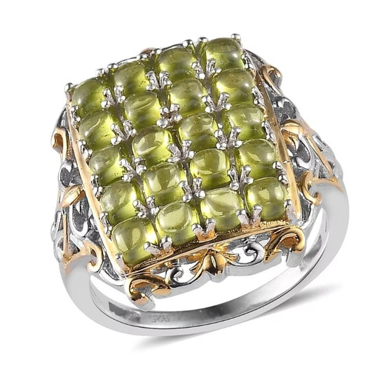 front view of vesuvianite cluster ring featuring 16 square cabochon green vesuvianite stones set in gold framework with silver accents front view of vesuvianite cluster ring featuring 16 square cabochon green vesuvianite stones set in gold framework with silver accents
