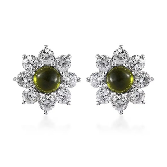 front view of vesuvianite and cabochon white zircon flower halo stud earrings in rhodium over sterling silver