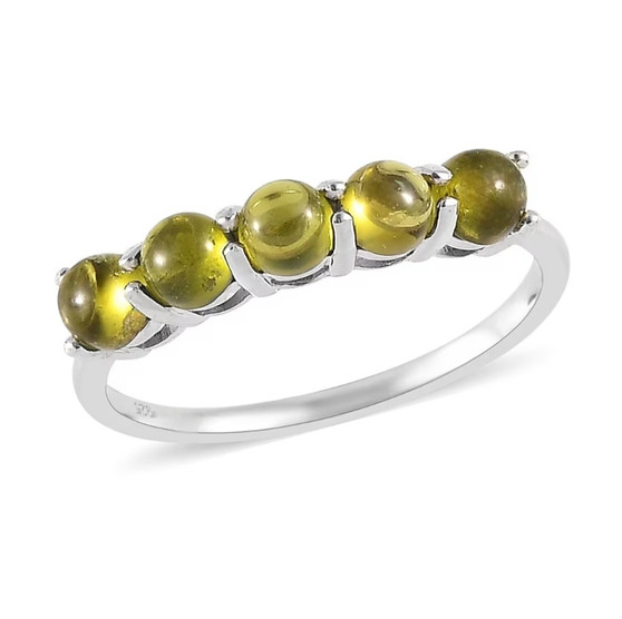 front view of vesuvianite five stone band ring featuring five round cabochon green vesuvianite gems set in polished silver prongs front view of vesuvianite five stone band ring featuring five round cabochon green vesuvianite gems set in polished silver prongs