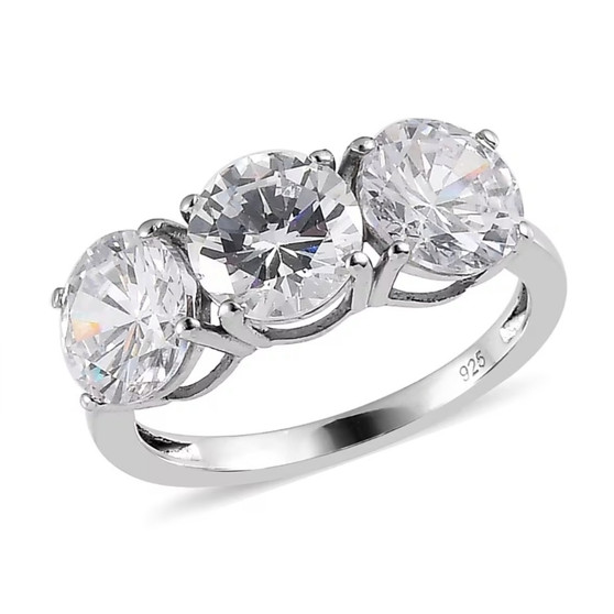 front view of petalite round trilogy ring featuring three round brilliant-cut white petalite gemstones in polished sterling silver prong setting