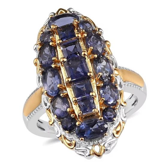 front view of iolite elongated cluster ring showcasing rich violet-blue iolite gemstones in mixed oval and square cuts with gold prong detailing