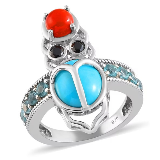 front view of turquoise and cabochon multi gem scarab beetle ring in rhodium over sterling silver