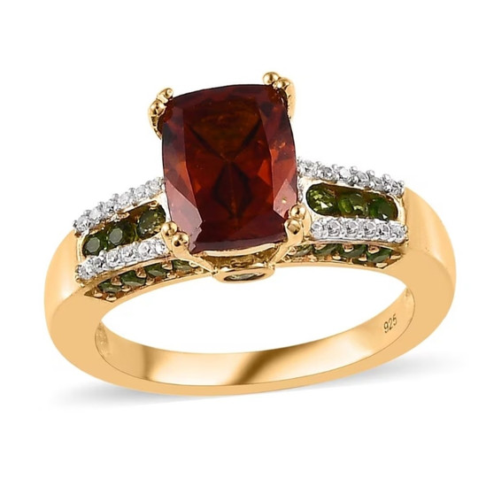 front view of Madeira citrine, chrome diopside, and zircon ring in 18k yellow gold over sterling silver featuring a cushion-cut Madeira citrine center stone with pavé-set accents