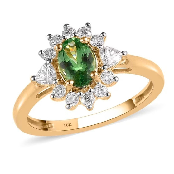 front view of tsavorite garnet and moissanite oval halo ring in 10k yellow gold
