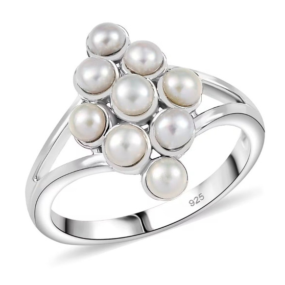 front view of a Freshwater Pearl cluster ring in rhodium over sterling silver featuring nine luminous round pearls in a geometric arrangement