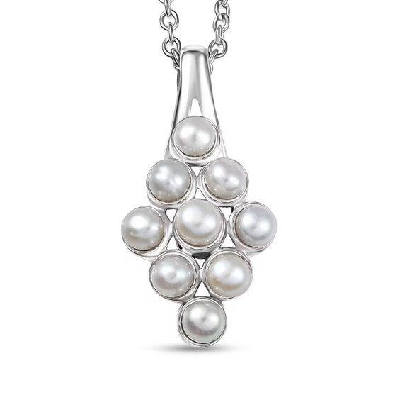front view of freshwater pearl round cluster pendant necklace in rhodium over sterling silver