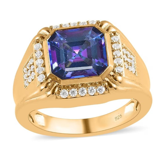 front view of mystic blue petalite and zircon asscher cut halo gents ring in 18k yellow gold over sterling silver