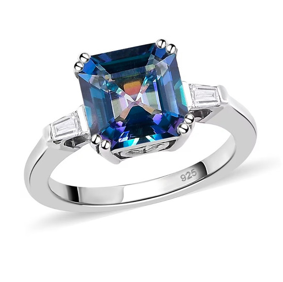 mystic blue petalite asscher cut ring with white topaz side stones set in rhodium over sterling silver