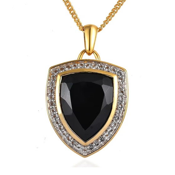 front view of black spinel and white zircon shield cut halo pendant necklace showing faceted center stone and halo border