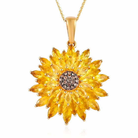 front view of sunflower pendant necklace featuring yellow opal marquise petals and brown zircon cluster center in yellow gold