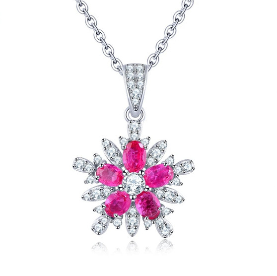 ruby and white zircon pendant necklace in rhodium over 925 sterling silver
