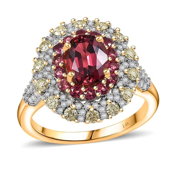 front view of rubellite tourmaline ring with double diamond halo featuring yellow and white diamonds in 14k gold setting