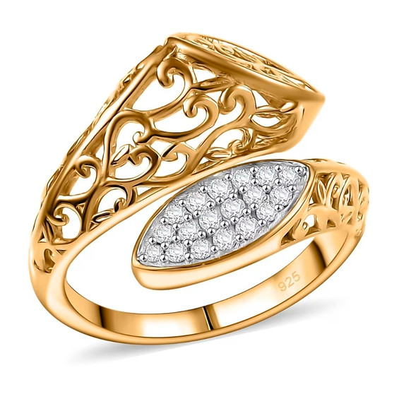 front view of white zircon bypass ring featuring pavé-set gemstones and ornate scrollwork in 18k yellow gold over sterling silver