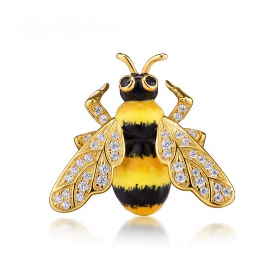 white cz and black spinel enamel bee brooch in gold over sterling silver front view