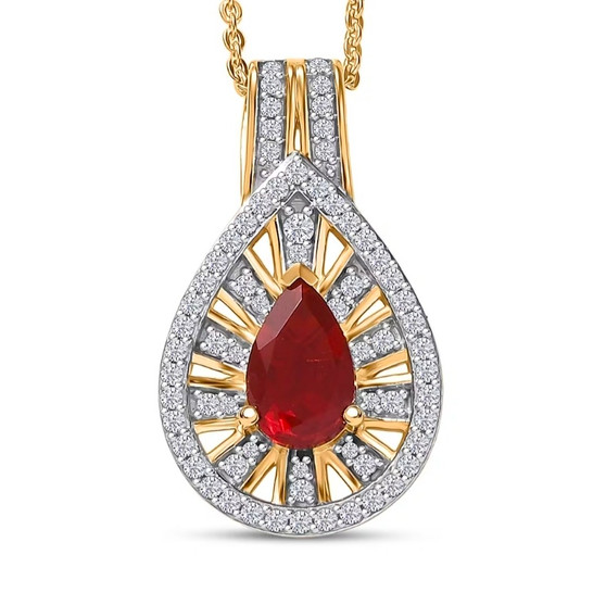 front view of fire opal and moissanite pear halo pendant necklace in 18k yellow gold over sterling silver