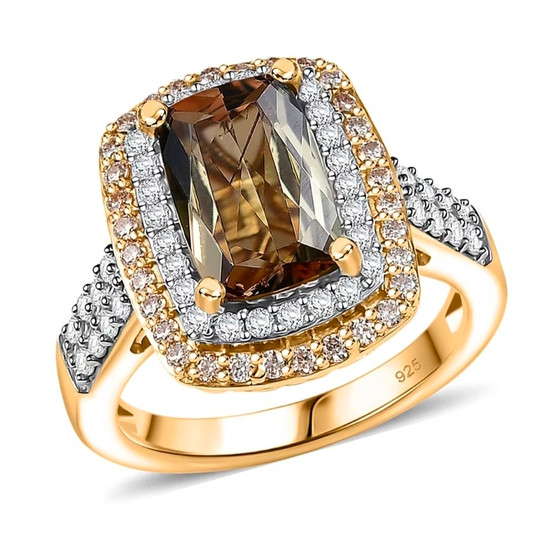 front view of andalusite white and champagne moissanite cushion double halo ring in 18k yellow gold over sterling silver