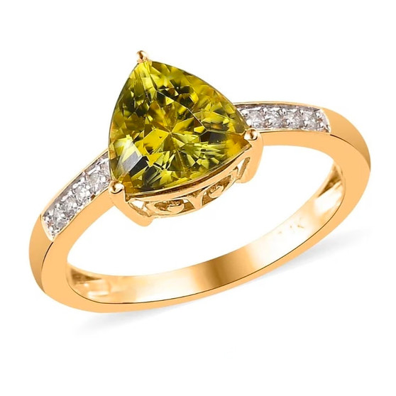 front view of yellow trillion tourmaline ring with white diamond accents set in classic 14k yellow gold band