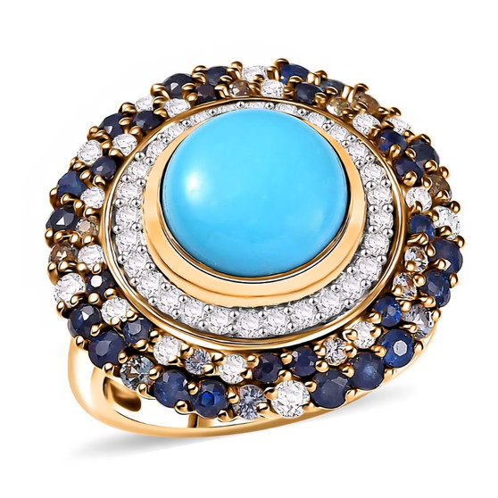 front view of turquoise multi cabochon sapphire and moissanite halo ring in 18k yellow gold over sterling silver