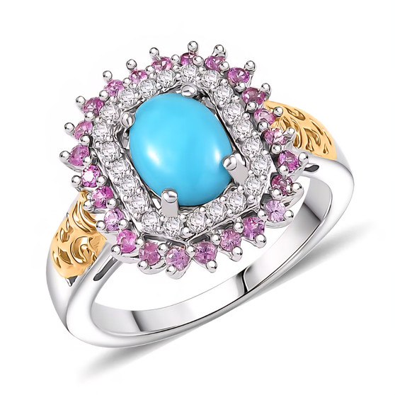 turquoise oval halo ring with pink sapphire and white zircon in two tone yellow gold and rhodium over sterling silver front view