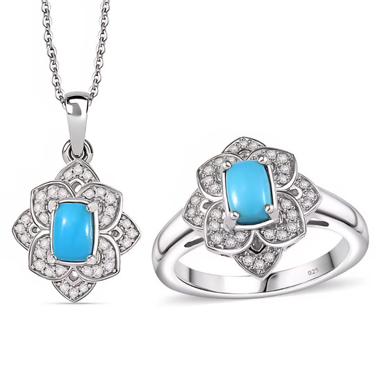 turquoise and zircon ring and pendant necklace jewelry set in rhodium over sterling silver