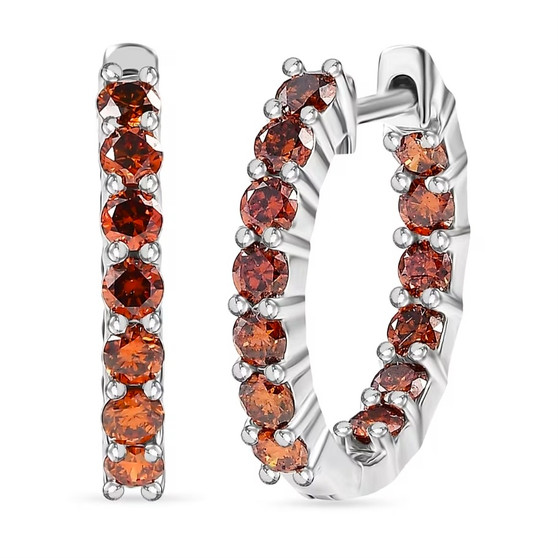 front view of lab red diamond inside outside hoop earrings in rhodium over sterling silver