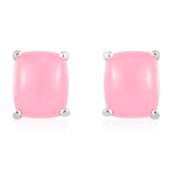 front view of pink jadeite jade cushion stud earrings in rhodium over sterling silver