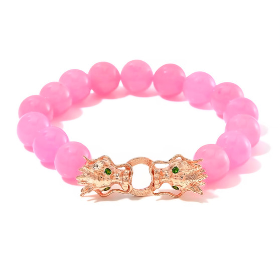 front view of pink jade beaded bracelet with rose gold dragon clasp and chrome diopside accents