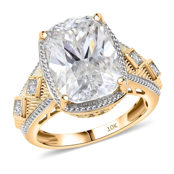 front view of two tone 10k yellow gold and white gold cushion moissanite ring