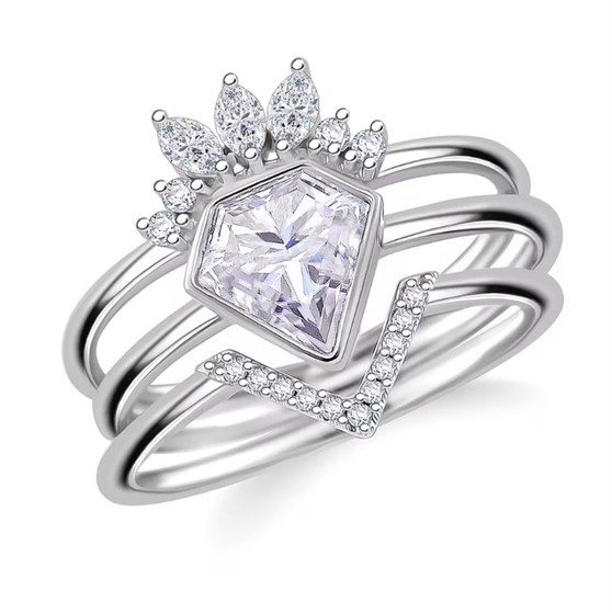 front view of moissanite pentagon cut wedding set with three stacking rings in rhodium over sterling silver