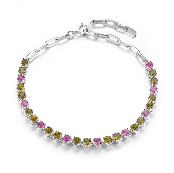 multi tourmaline paperclip bracelet in rhodium over 925 sterling silver