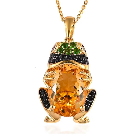 front view of citrine and multi gem frog pendant necklace in 18k yellow gold over sterling silver