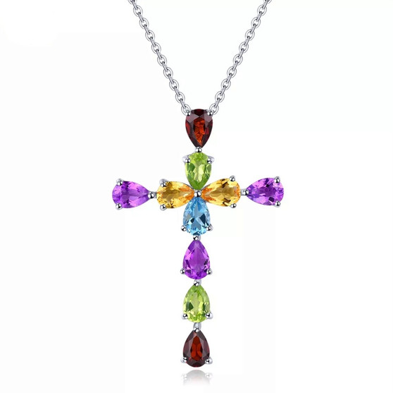multi gemstone cross in rhodium over sterling silver