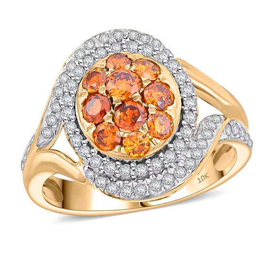 front view of natural orange and white diamond cluster halo ring in 10k yellow gold