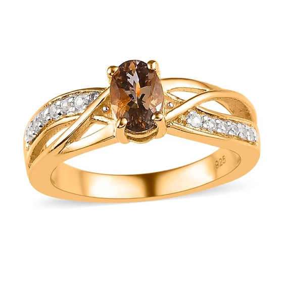 golden tanzanite oval and white zircon ring in 18k yellow gold over sterling silver