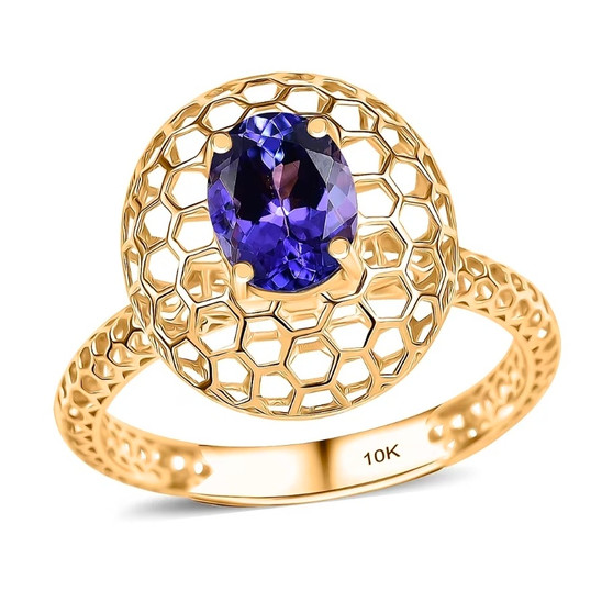 tanzanite honeycomb solitaire ring in 10k yellow gold front view with oval tanzanite and open work honeycomb halo