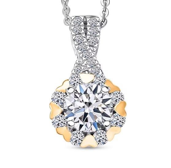 front view of lab diamond halo pendant necklace in two-tone 18k yellow gold and rhodium over sterling silver