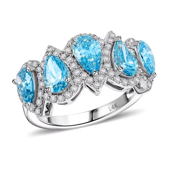 front view of lab blue pear shaped and white diamond 5 stone pear halo ring in 14k white gold