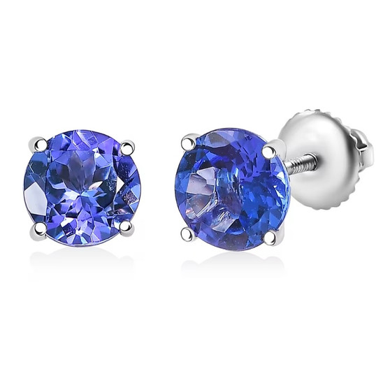 front view of tanzanite round screwback stud earrings in 14k white gold