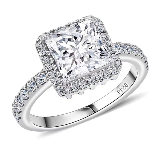 front view of lab diamond princess cut halo wedding ring in 950 platinum