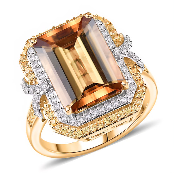 front view of honey scapolite emerald cut yellow sapphire and diamond halo ring in 10k yellow gold