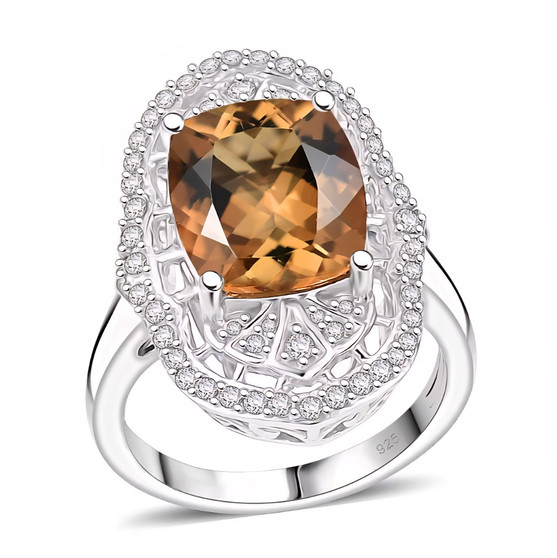 front view of honey scapolite cushion and white zircon ring in rhodium over sterling silver