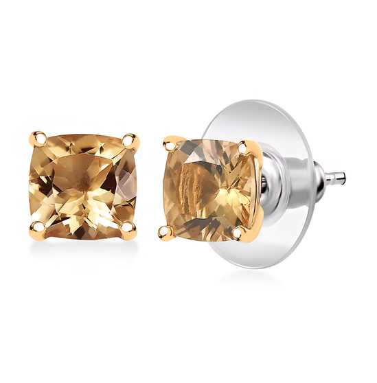 front view of 7mm cushion honey scapolite stud earrings in 18k yellow gold over sterling silver
