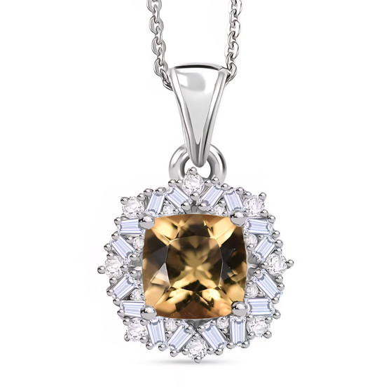 front view of honey scapolite cushion and moissanite halo pendant necklace in rhodium over sterling silver