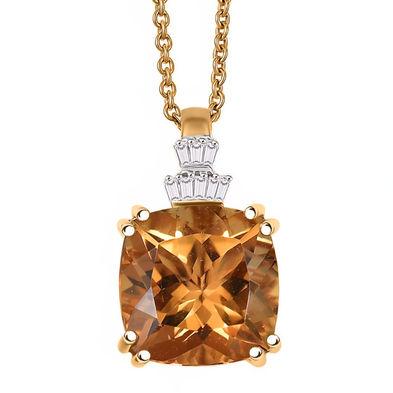 front view of honey scapolite cushion and diamond pendant necklace in 10k yellow gold
