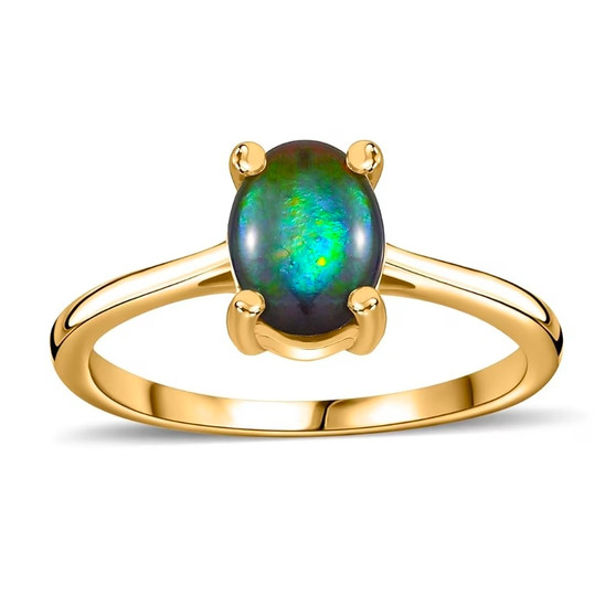front view of ammolite oval solitaire ring in 18k yellow gold over sterling silver