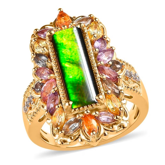 front view of ammolite multi-color sapphire and zircon halo cocktail ring in 18k yellow gold over sterling silver
